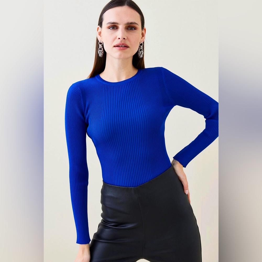 Rib Crew Neck Knit Sweater in cobalt blue